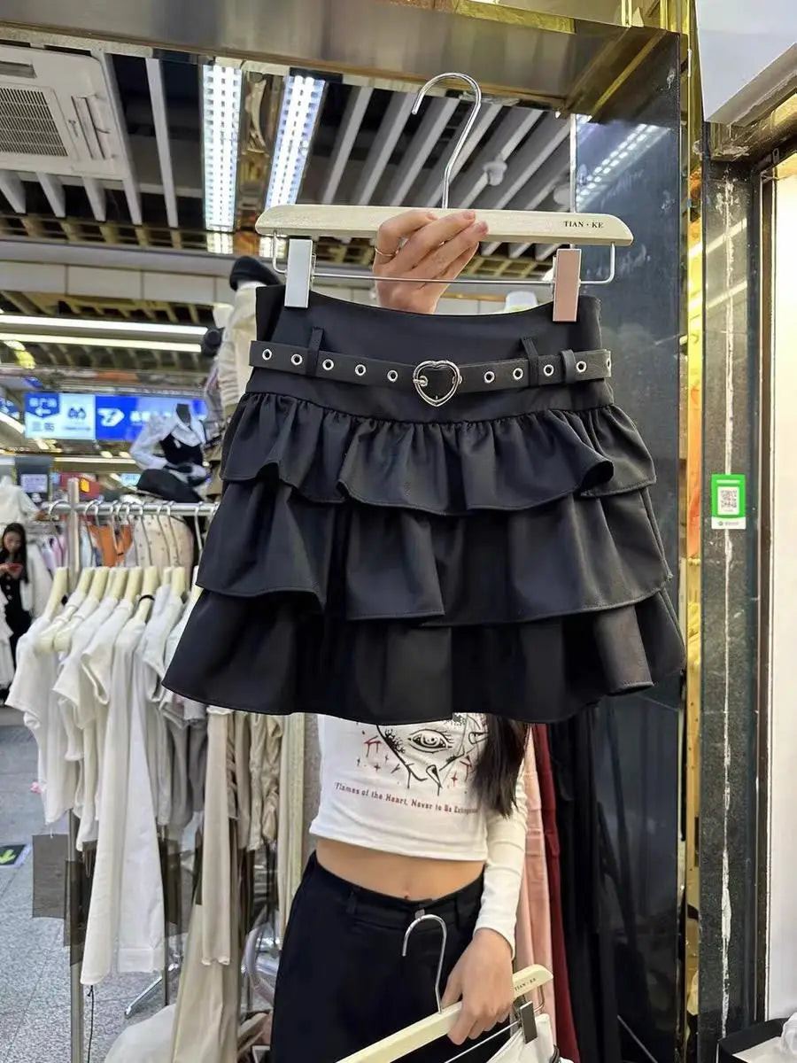 Spring Summer Women Black Brown High Waist Ruffles Cake Short Skirt White Holiday Party Pleated Mini Skirt Ladies Popular French