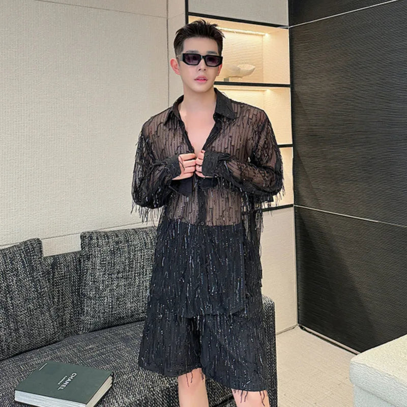 Casual Shorts Men's Korean Style Trend Sequin Tassel Solid Color Fashion Elastic Waist Male Pants Summer 9C5317