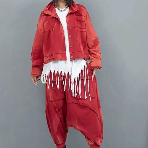 Load image into Gallery viewer, Big Size Red Short Jacket Pocket Cross Pants Two Piece Suit New Lapel Long Sleeve Women Fashion Tide Spring Autumn 2025
