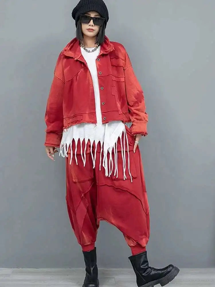 Big Size Red Short Jacket Pocket Cross Pants Two Piece Suit New Lapel Long Sleeve Women Fashion Tide Spring Autumn 2025