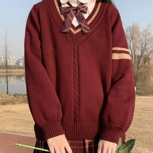 Load image into Gallery viewer, V-neck Twist Patchwork Grunge Sweaters Loose Knitted Vintage Solid Preppy Jumpers Japanese Y2k Aesthetic Femme Casual Pullovers
