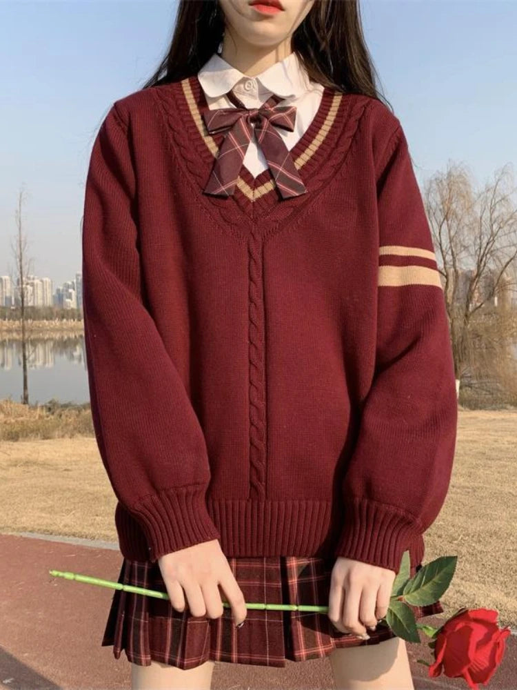 V-neck Twist Patchwork Grunge Sweaters Loose Knitted Vintage Solid Preppy Jumpers Japanese Y2k Aesthetic Femme Casual Pullovers