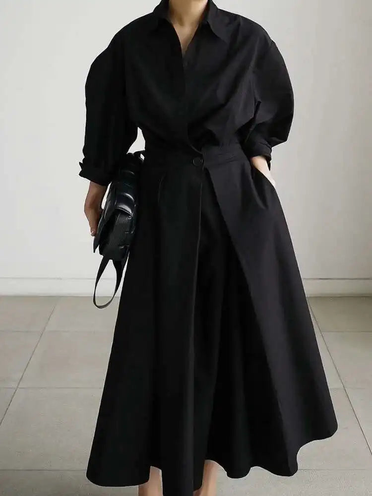 Women Beige Pleated Long Big Size Elegant Dress New Lapel Long Sleeve Loose Fit Fashion Tide Spring Autumn 2025 1DE91400