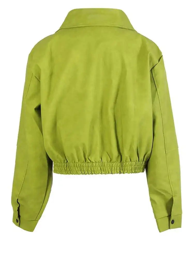Loose Fit Green Pu Leather Big Size Casual Jacket New Lapel Long Sleeve Women Coat Fashion Tide Spring Autumn 2025 CPG0419