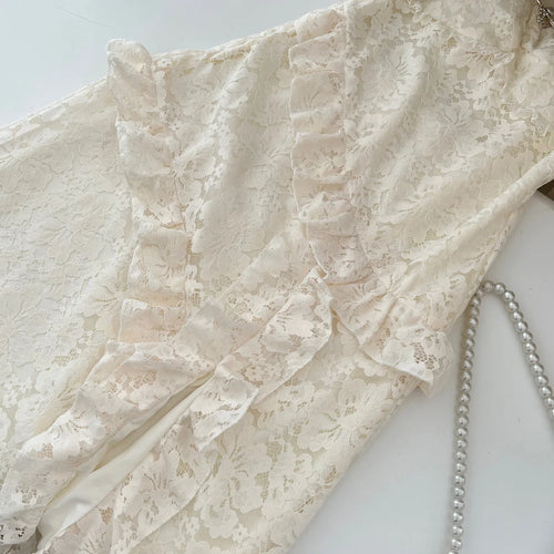 Load image into Gallery viewer, Summer 2024 French Vintage Beige Lace Sleeveless Elegant Spaghetti Strap Long Dress Women Backless Ruffles Party Evening Dresses
