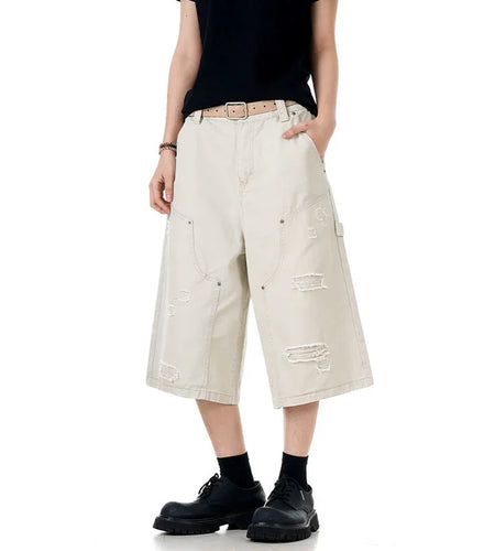 Men's Jeans New American Washed Distressed Denim Shorts High Street Loose Wide Leg Cropped Pants Solid Color Bottoms 9W1715