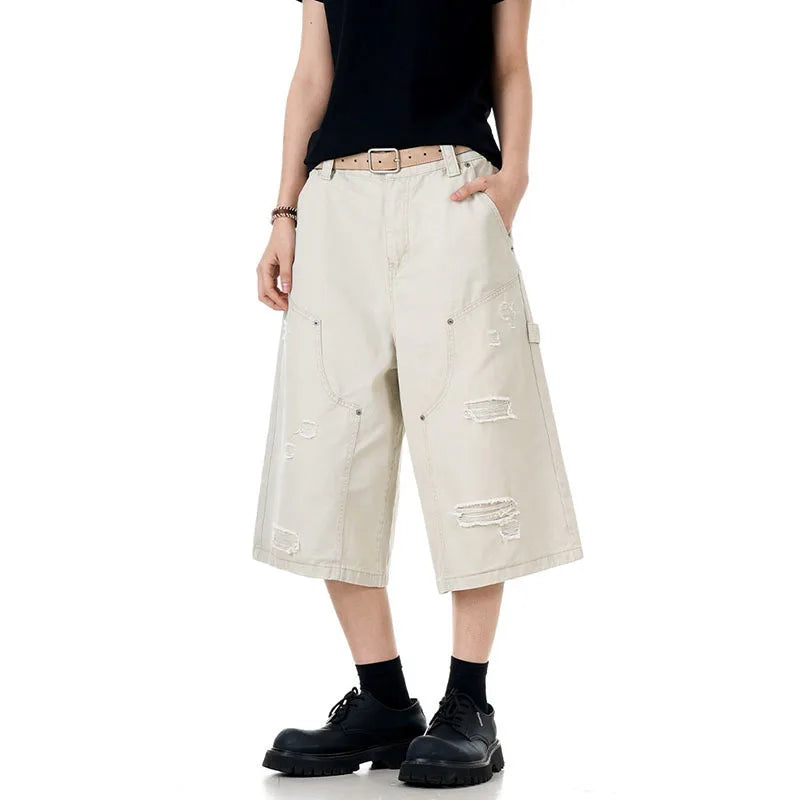 Men's Jeans New American Washed Distressed Denim Shorts High Street Loose Wide Leg Cropped Pants Solid Color Bottoms 9W1715