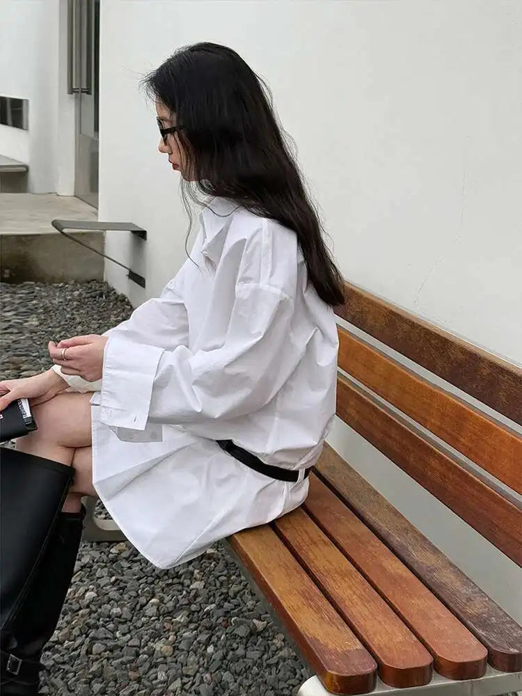 Women White Hem Pleated Elegant Big Size Mini Shirt Dress New Lapel Long Sleeve Fashion Tide Spring Autumn 2025 1DH9552