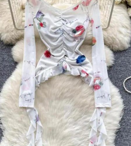 Vintage 2024 Autumn New Fashion Print Ruffle Edge Mesh Tops Korean Women's V Neck Slim Long Sleeved Asymmetrical Pleated T-shirt