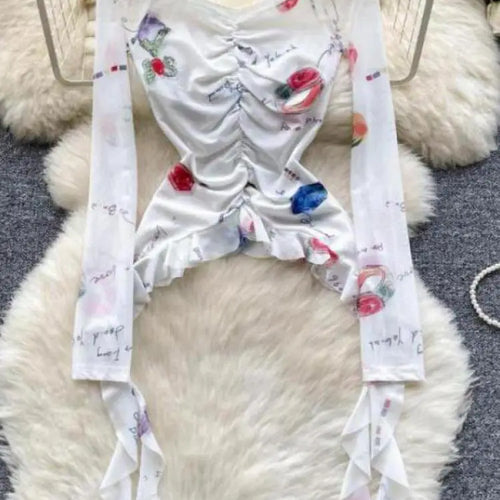 Load image into Gallery viewer, Vintage 2024 Autumn New Fashion Print Ruffle Edge Mesh Tops Korean Women's V Neck Slim Long Sleeved Asymmetrical Pleated T-shirt
