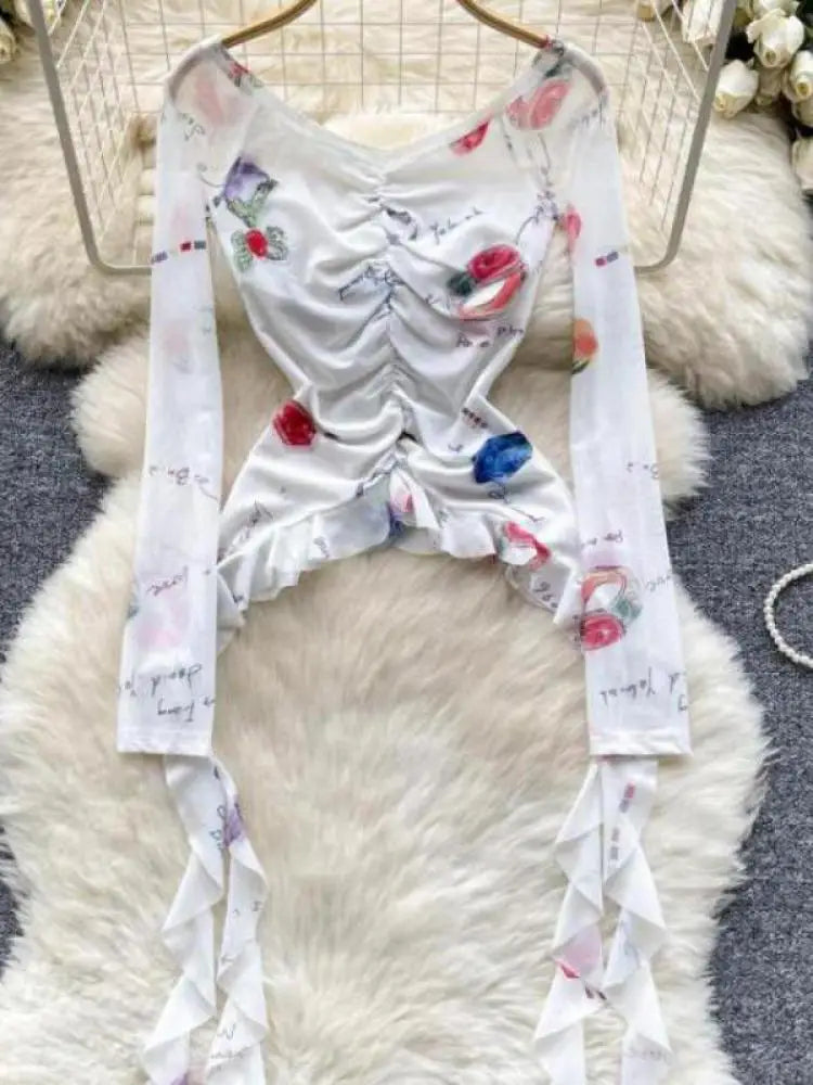 Vintage 2024 Autumn New Fashion Print Ruffle Edge Mesh Tops Korean Women's V Neck Slim Long Sleeved Asymmetrical Pleated T-shirt