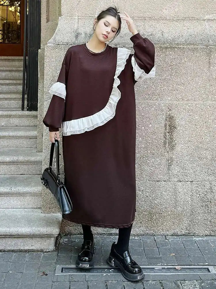 Women Black Ruffles Spliced Big Size Long Casual Dress New Round Neck Long Sleeve Fashion Tide Spring Autumn 2025 1DH7701