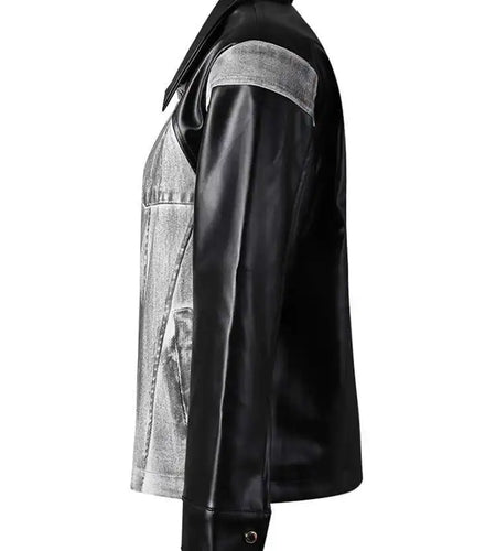 Black Denim Pu Leather Spliced Big Size Jacket New Lapel Long Sleeve Women Coat Fashion Tide Spring Autumn 2025 CPG2873