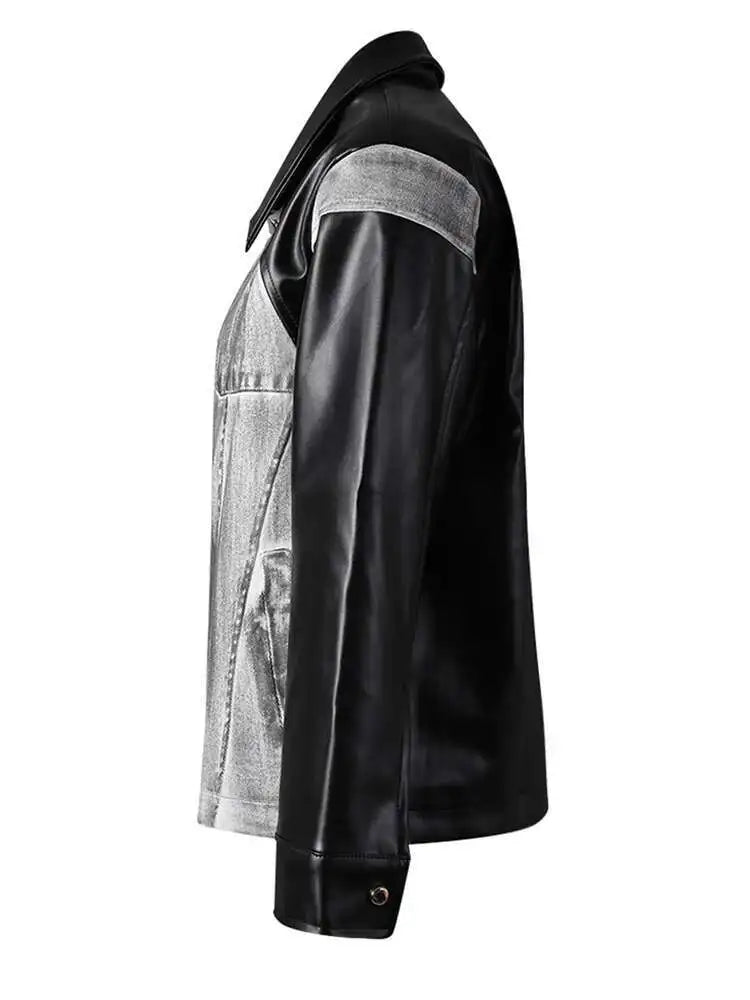 Black Denim Pu Leather Spliced Big Size Jacket New Lapel Long Sleeve Women Coat Fashion Tide Spring Autumn 2025 CPG2873