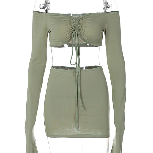 Load image into Gallery viewer, Slash Neck Long Sleeves Shirring Bandage Crop Top Skirts 2 Piece Sets 2024  Fall Winter Rave Vacation Party Y2K Outfit
