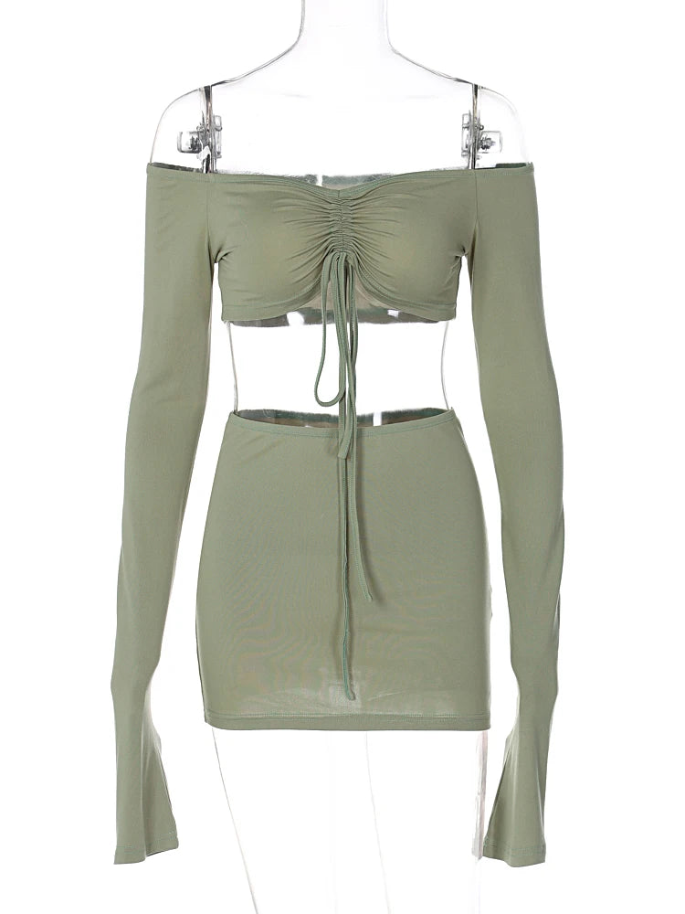 Slash Neck Long Sleeves Shirring Bandage Crop Top Skirts 2 Piece Sets 2024  Fall Winter Rave Vacation Party Y2K Outfit