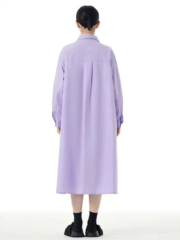 Women Purple Belted Big Size Irregular Midi Shirt Dress New Lapel Long Sleeve Fashion Tide Spring Autumn 2025 1DH5164