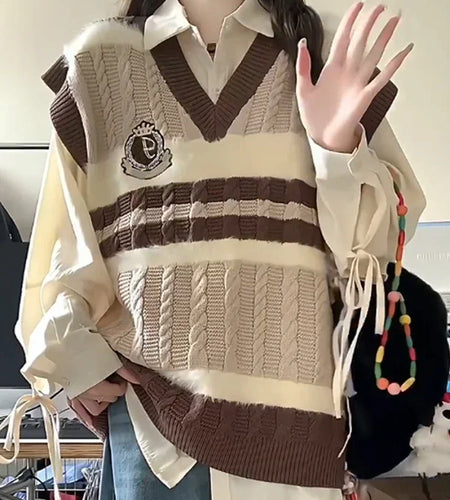 Autumn Grunge Loose Knitted Women's Tanks Casual All Match Sleeveless Pullovers Y2k Aesthetic Harajuku Streetwear Sweater Vest