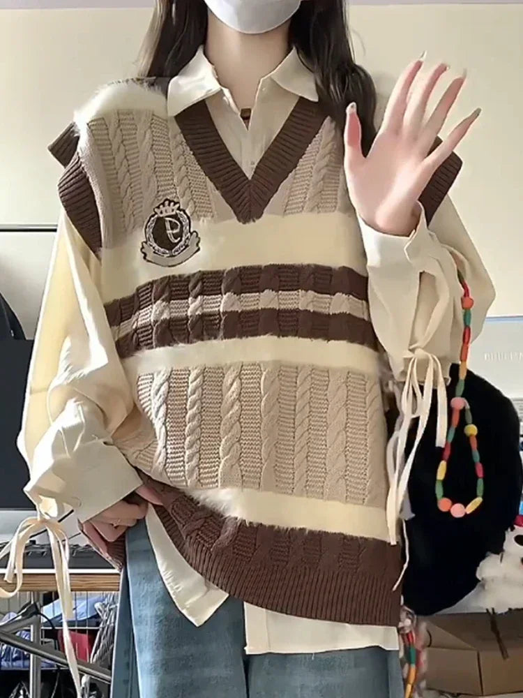 Autumn Grunge Loose Knitted Women's Tanks Casual All Match Sleeveless Pullovers Y2k Aesthetic Harajuku Streetwear Sweater Vest