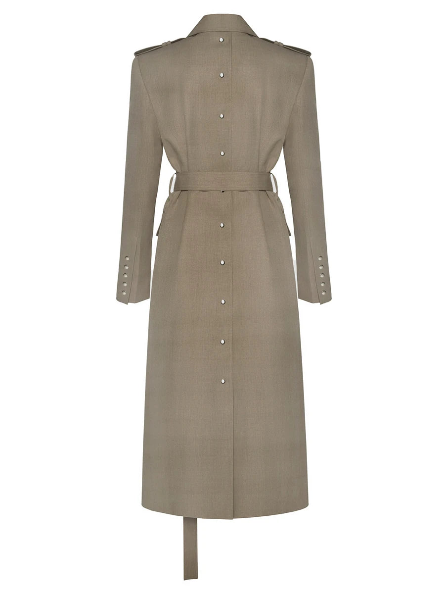 Solid Slimming Spliced Lace Up Temperament Jacket for Women Lapel Long Sleeves Patchwork Pockets Trench Female New