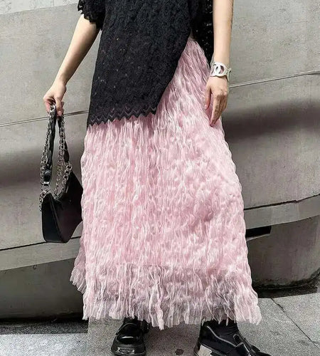 High Elastic Waist Black Pleated Mesh Casual A-line Half-body Skirt Women Fashion Tide New Spring Autumn 2025  1DH5148