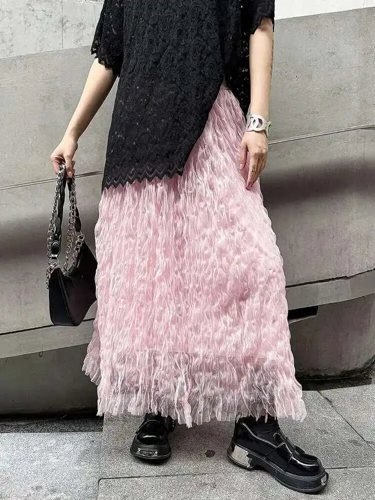 High Elastic Waist Black Pleated Mesh Casual A-line Half-body Skirt Women Fashion Tide New Spring Autumn 2025  1DH5148