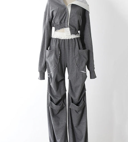 Gray Sweatshirt Color-block Long Pants Two Piece Suit New Hooded Long Sleeve Women Fashion Tide Spring Autumn 2025 7AB8037