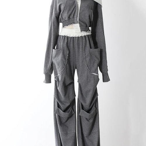 Load image into Gallery viewer, Gray Sweatshirt Color-block Long Pants Two Piece Suit New Hooded Long Sleeve Women Fashion Tide Spring Autumn 2025 7AB8037
