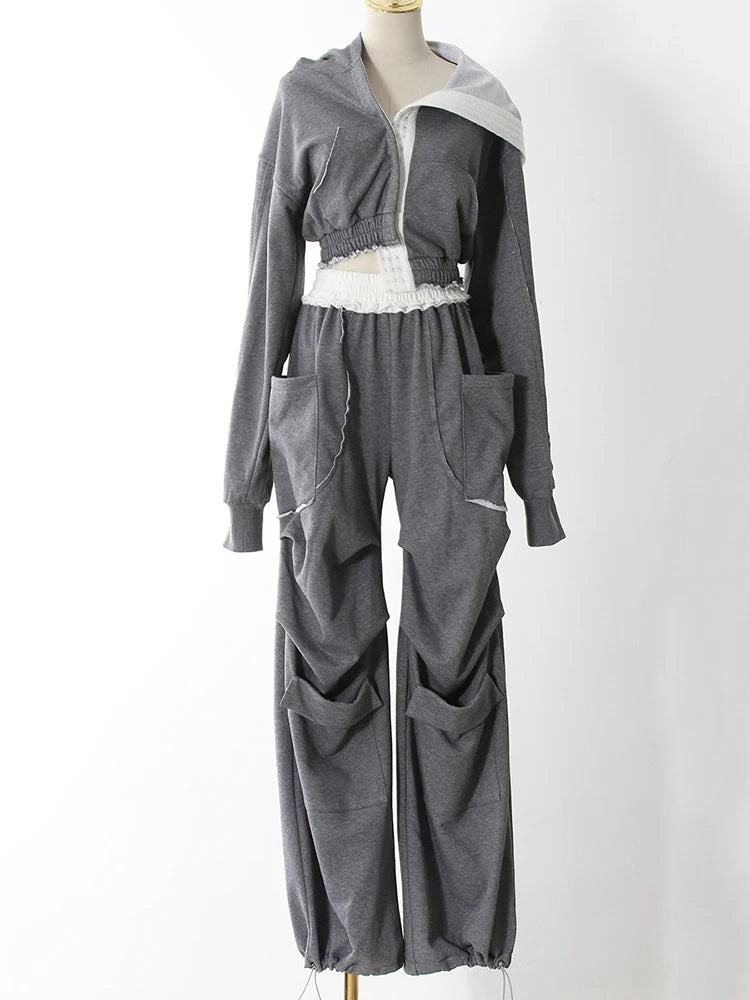Gray Sweatshirt Color-block Long Pants Two Piece Suit New Hooded Long Sleeve Women Fashion Tide Spring Autumn 2025 7AB8037