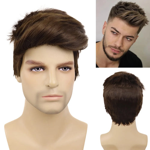 Load image into Gallery viewer, Synthetic Male Brown Wig Short Hair Wig Man Toupee Cosplay Carnival Party Wig High Temperature Halloween Costume Wig
