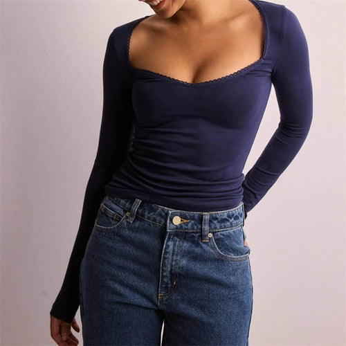 Load image into Gallery viewer, y2k Lace Trim Tops Women Fairycore Clothing Solid Color V Neck Long Sleeve T Shirts 2000s Fall Clothes Streetwear
