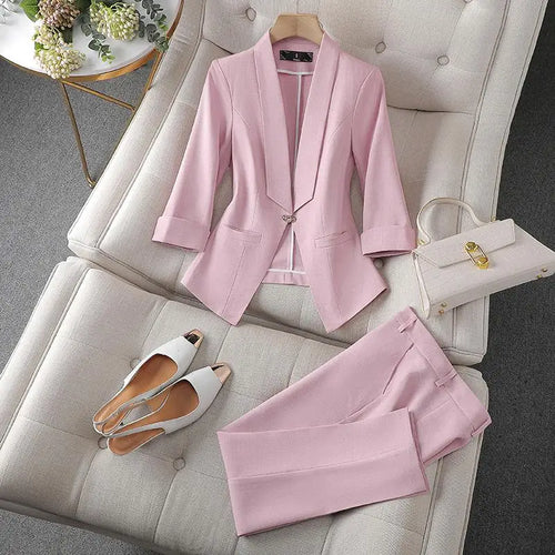 Load image into Gallery viewer, Spring Summer 2023 Flanged Casual Jacket Blazer Slim Pencil Pants Elegant Women&#39;s Pants Suit Office Manager Outfits Two Piece
