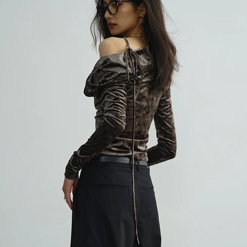 Load image into Gallery viewer, Women Dark Green Velvet Elegant T-shirt New Asymmetrical Collar Long Sleeve Fashion Tide Spring Autumn 2025 1DJ1732
