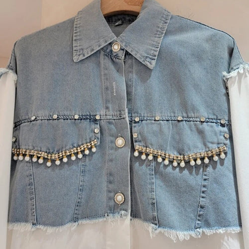 Load image into Gallery viewer, Patchwork Denim Shirts For Women Lapel Long Sleeve Casual Loose Spliced Diamonds Blouse Female Fashion Clothing
