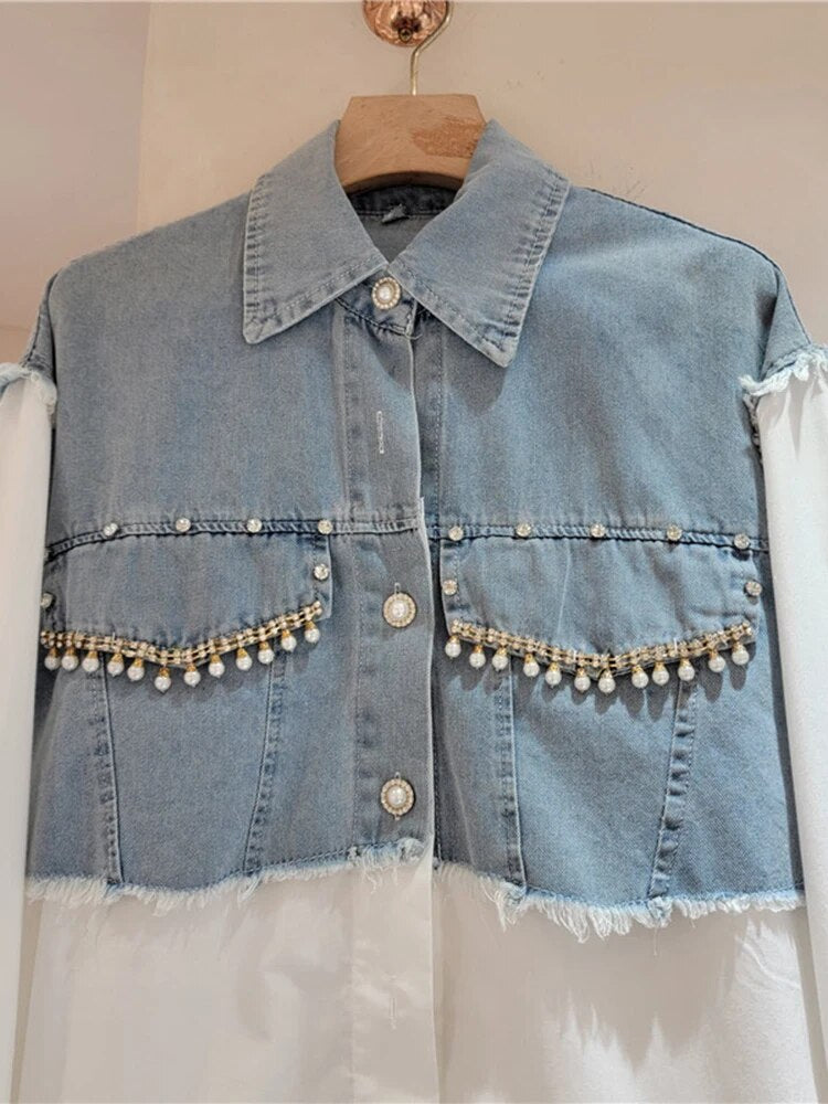 Patchwork Denim Shirts For Women Lapel Long Sleeve Casual Loose Spliced Diamonds Blouse Female Fashion Clothing