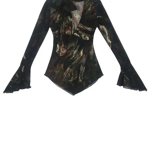 Load image into Gallery viewer, Women Geen Mesh Printed Slim Irregular Slim T-shirt New V-Neck Long Flare Sleeve Fashion Tide Spring Autumn 2025 1DH9372
