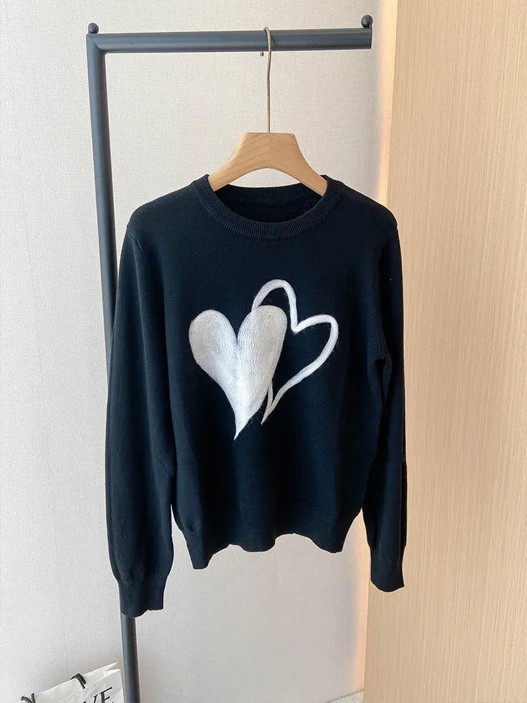 Womens Knitted Sweaters Heart Embroidery Harajuku Casual Pullover Jumpers Streetwear Autumn Y2K Clothes C-235