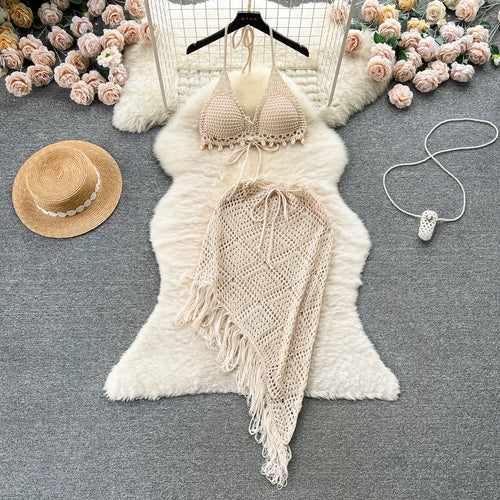 Load image into Gallery viewer, Vacation Sexy Suits Strapless Halter Backless Bikini+Drawstring Tassel Skirt Women Beach Knitted Two Pieces Suits
