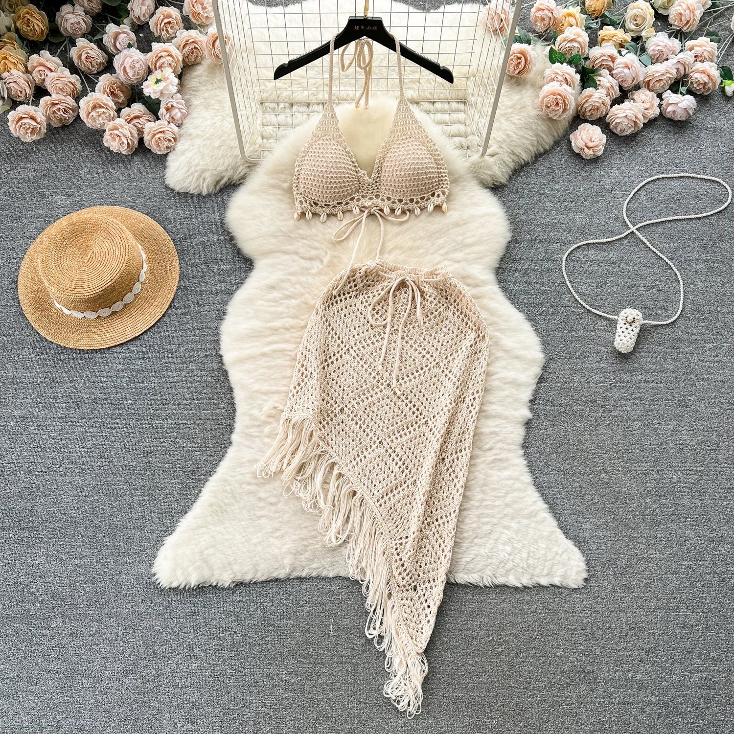 Vacation Sexy Suits Strapless Halter Backless Bikini+Drawstring Tassel Skirt Women Beach Knitted Two Pieces Suits
