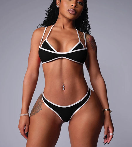 Sexy Patchwork 2 Piece Set Women Swimsuit Beach White Border Halter Bra Tops+Panties Basic Skinny Clubwear Vacation Suits