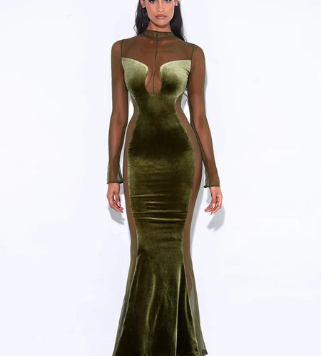 Patchwork Sexy See Through Mesh Women Dress Green Long Sleeve Evening Dress Female Autumn Skinny Elegant Party Clubwear