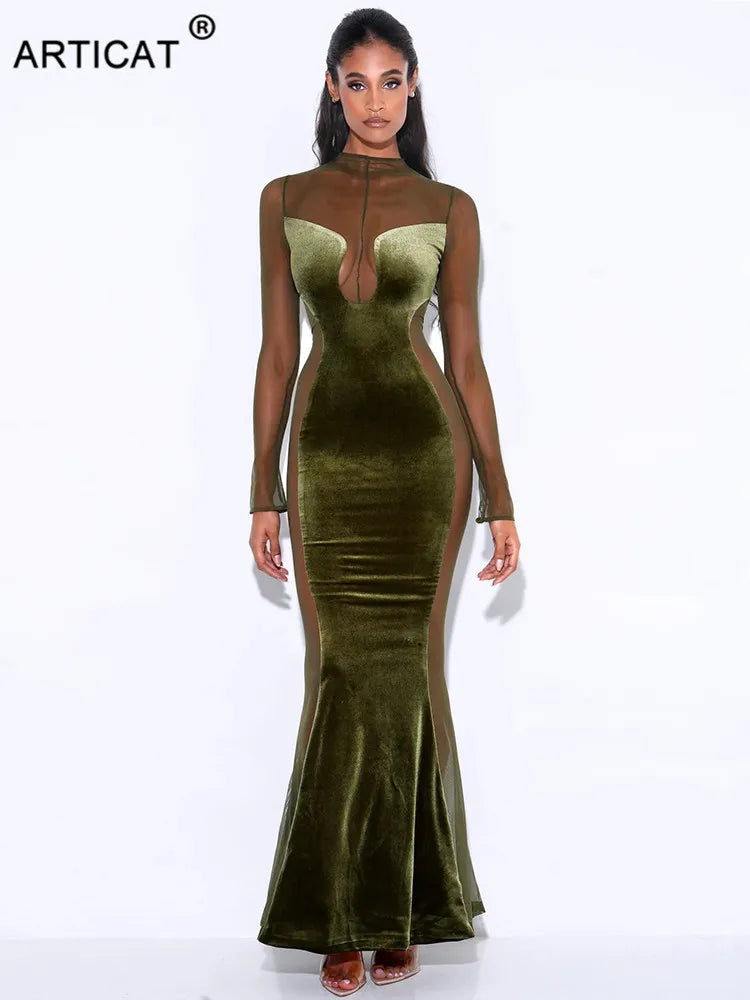 Patchwork Sexy See Through Mesh Women Dress Green Long Sleeve Evening Dress Female Autumn Skinny Elegant Party Clubwear
