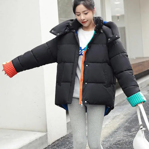 Load image into Gallery viewer, Oversize Outwear Female Winter Patchwork Zipper Down Cotton Coat 2023 New Women Loose Jacket Warm Thicken Hooded Parkas Fashion
