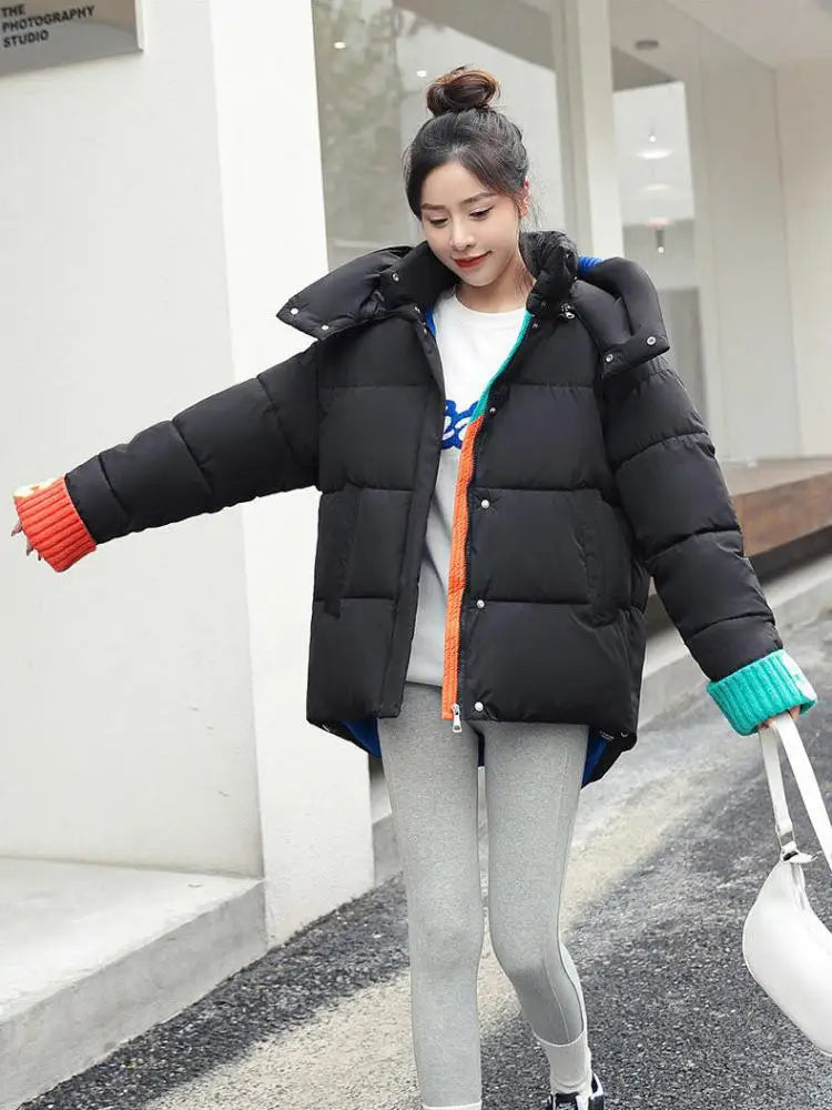 Oversize Outwear Female Winter Patchwork Zipper Down Cotton Coat 2023 New Women Loose Jacket Warm Thicken Hooded Parkas Fashion