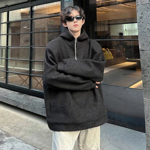 Load image into Gallery viewer, Woolen Hooded Men&#39;s Fashion Coat Zipper Pockets Solid Color Pullover Streetwear Loose New Chic Male Hoodies 2024  9C9032
