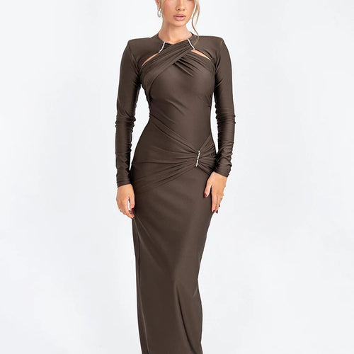 Load image into Gallery viewer, Hollow Out Long Sleeve Sexy Maxi Dress For Women Gown Fashion Solid Bodycon Ruched Club Evening Elegant Long Dress
