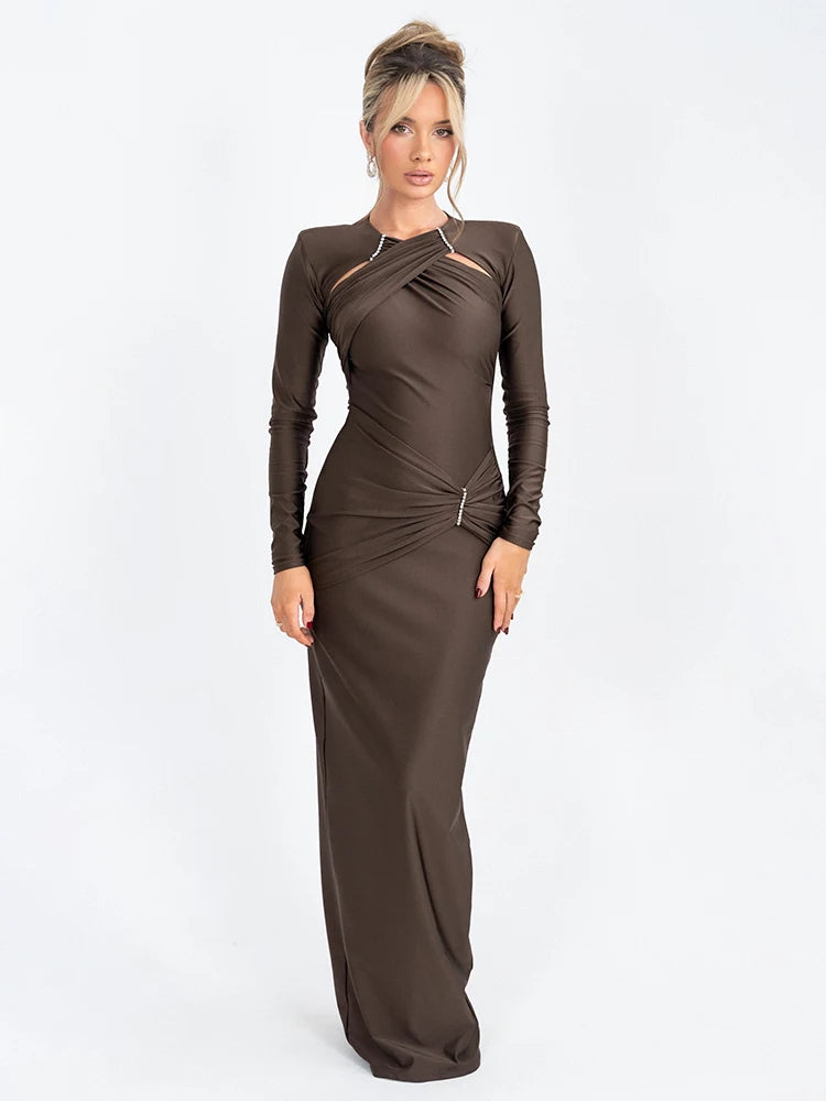 Hollow Out Long Sleeve Sexy Maxi Dress For Women Gown Fashion Solid Bodycon Ruched Club Evening Elegant Long Dress