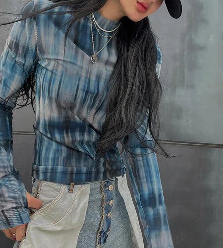 Harajuku Tie Dye Bodycon Women T-shirt Sprint Autumn Crop Top Y2K Vintage Stand Collar Tees Basic Grunge Gothic Shirt