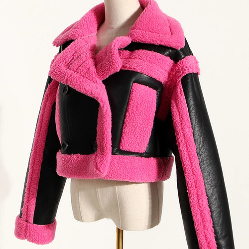 Load image into Gallery viewer, Loose Fit Rose Red Thick Warm Lambswool Jacket New Lapel Long Sleeve Women Coat Fashion Tide Spring Autumn 2025 1DH0227
