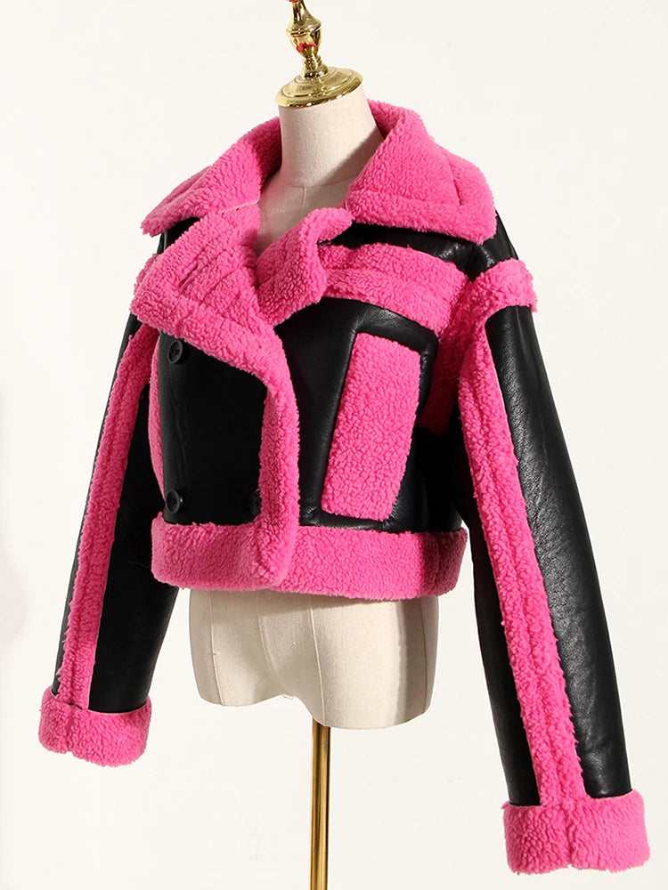 Loose Fit Rose Red Thick Warm Lambswool Jacket New Lapel Long Sleeve Women Coat Fashion Tide Spring Autumn 2025 1DH0227